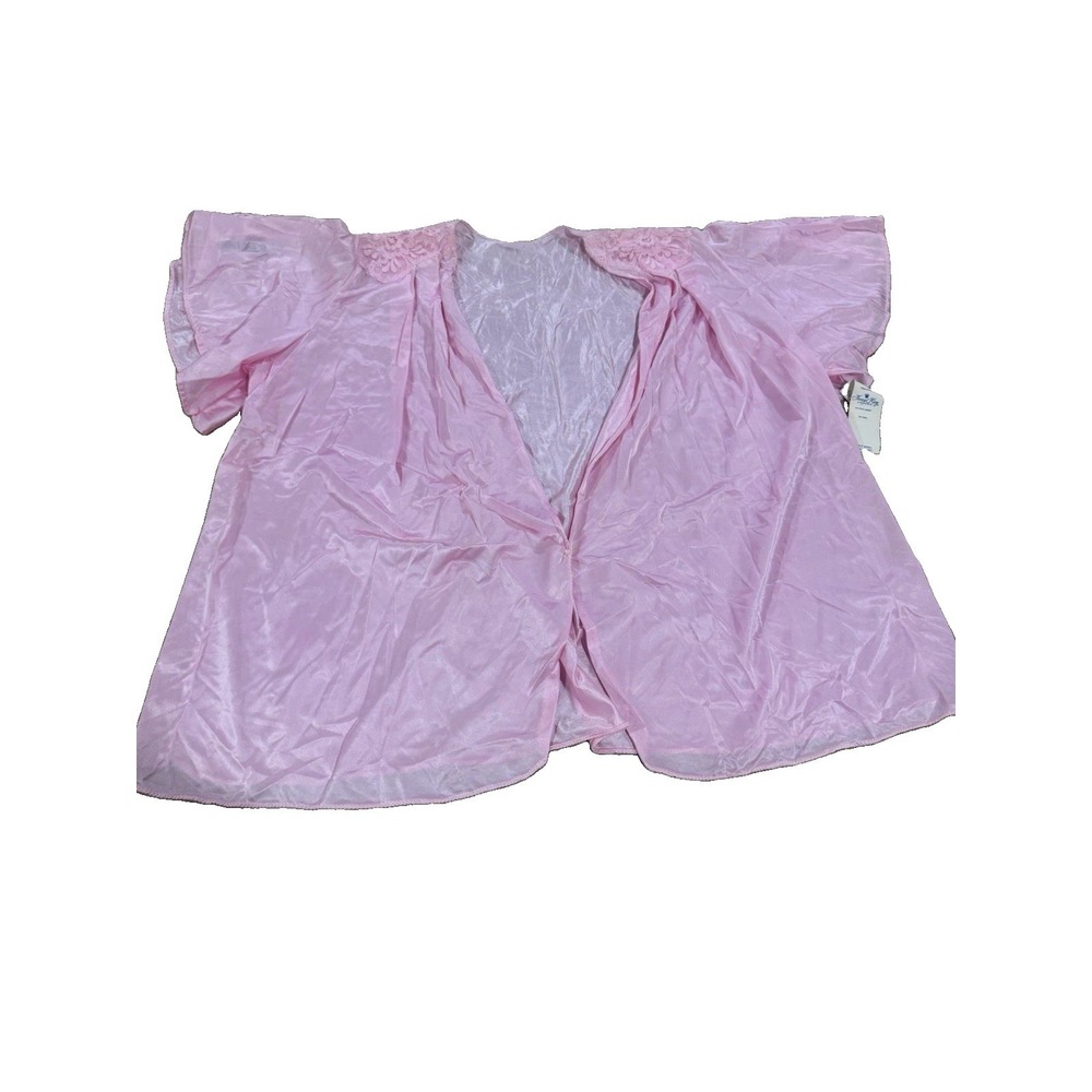 Nancy King Lingerie Pink Solid Nylon Lace Trim Tie Short Sleeve Robe S 5133